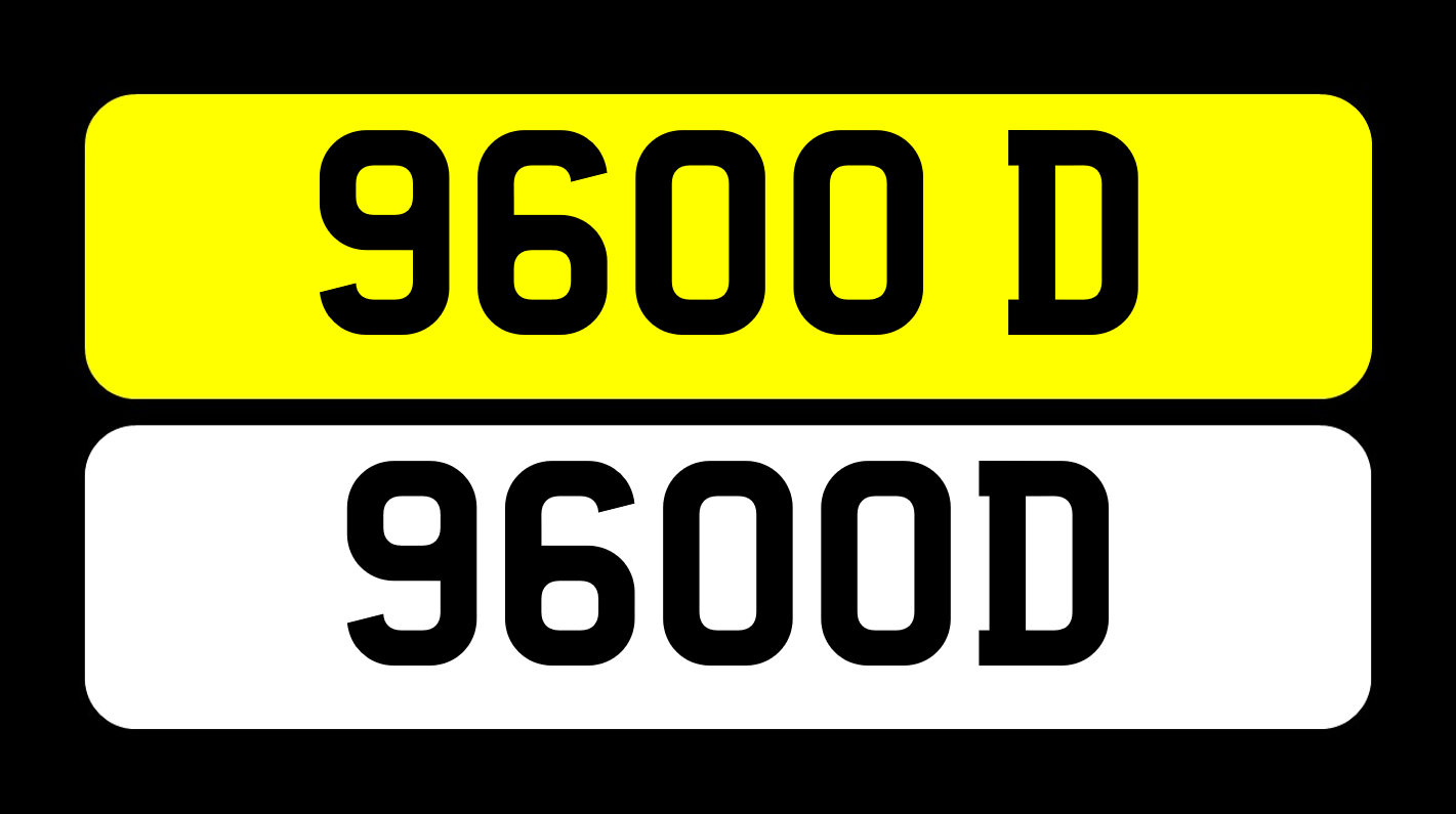 Yellow and white license plate with '9600 D' written by UKPLATESELLER